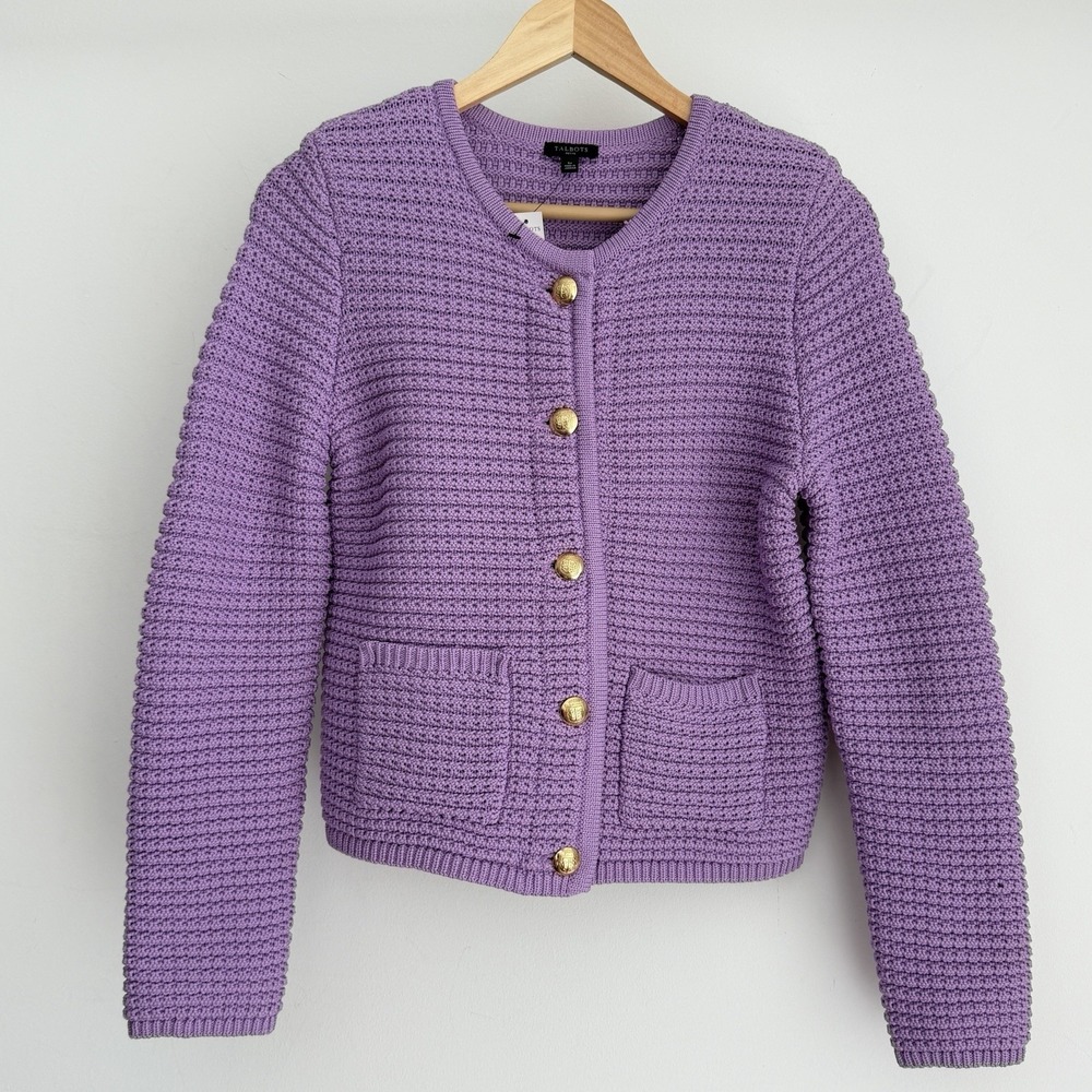 Talbots Kate Cardigan Sweater Small Petite Lavender Gold Buttons Quiet Luxury